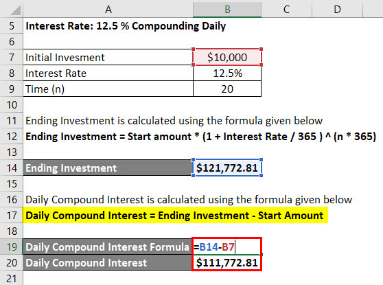 Initial Investment - daily compound interest formula