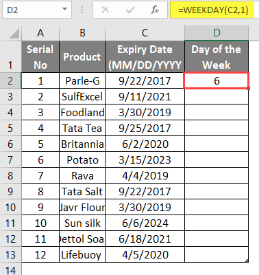 WEEKDAY Formula in excel example 1-6