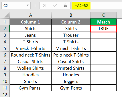 matching column in excel example 1-3